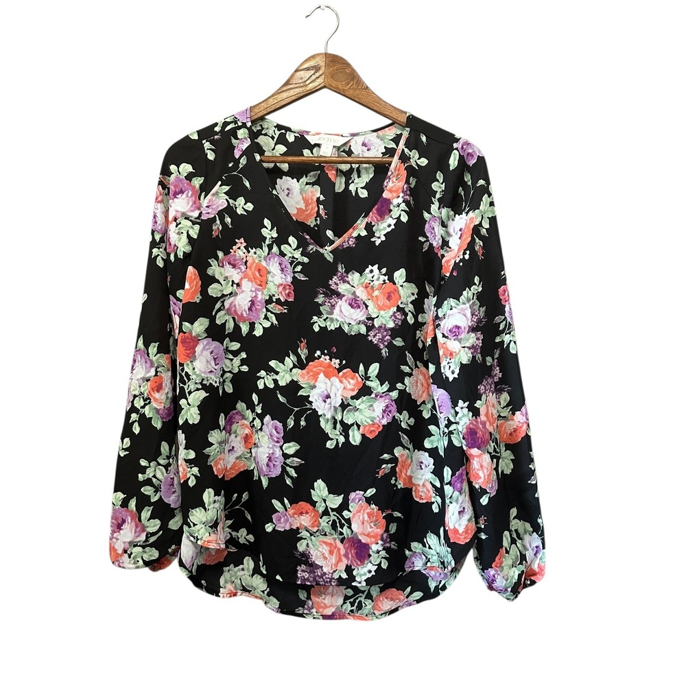 Decree Floral Print V-Neck Long Sleeve Blouse Top Black Purple Orange Women's